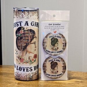 Just a Girl Who Loves Books 20oz Tumbler and Matching Car Coaster Set